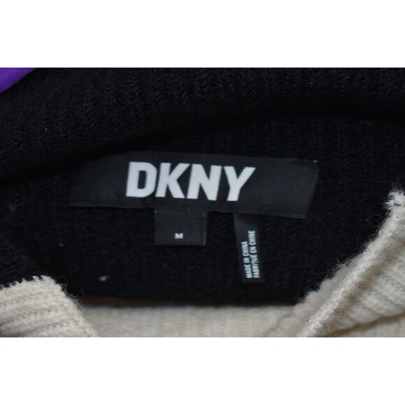 DKNY Colorblock Funnel Neck Sweater Black & Tan Fuzzy Vented Sleeves Size Medium - Picture 5 of 9